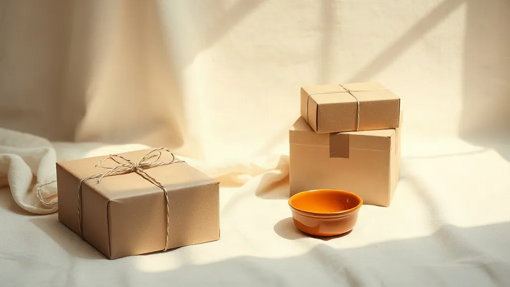 A photograph of a plain kraft parcel tied with cotton string, two stacked unmarked boxes and a burnt orange ceramic dish on a linen surface.