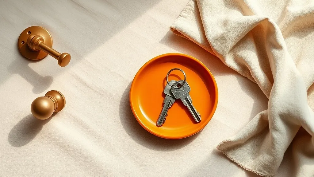 A set of keys on a ring resting on a burnt orange ceramic tray beside a brass door handle and a folded linen cloth.