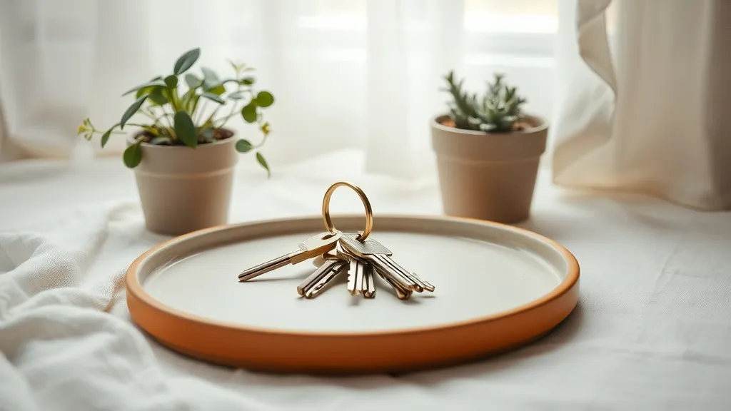 A set of keys on a brass ring resting on a ceramic tray beside a small potted plant.