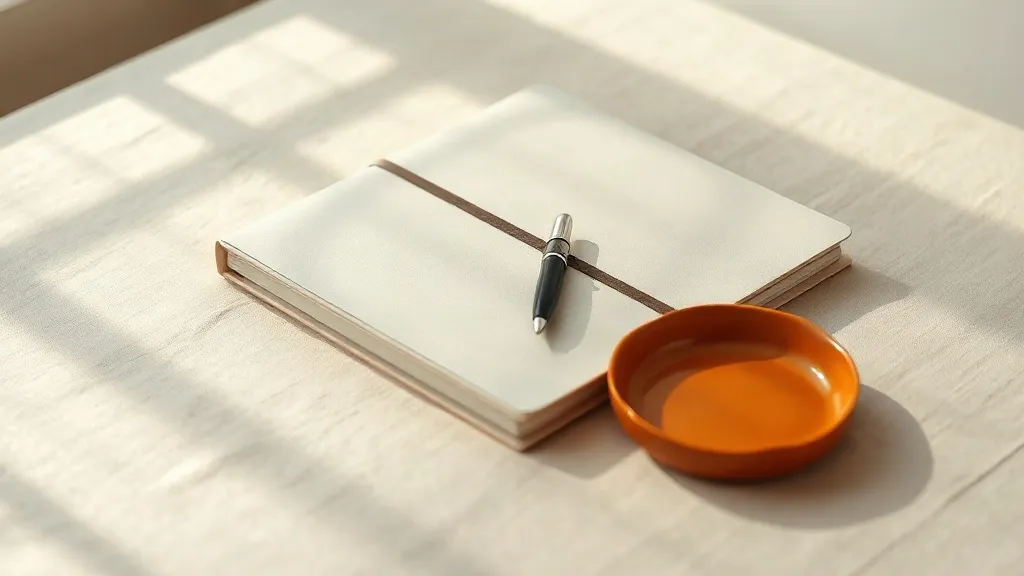 A closed folder with a fountain pen resting on top, beside a small burnt orange ceramic tray on a linen surface.