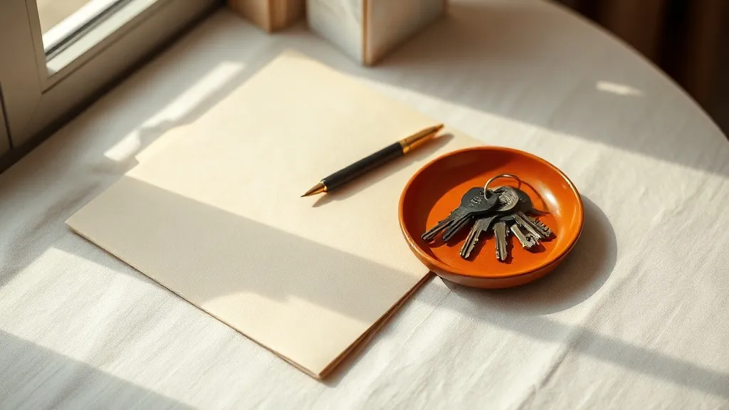 A closed unmarked folder with a fountain pen resting on it beside a burnt orange ceramic tray holding a set of keys.