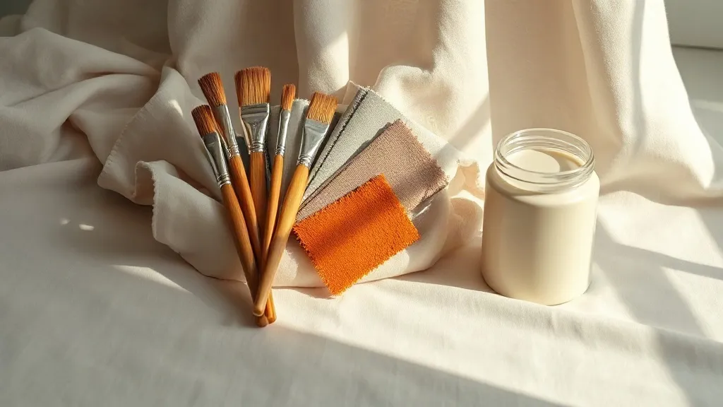 A bundle of paint brushes and a fan of fabric swatches, one of them burnt orange, rest beside a plain ceramic jar on a linen surface.
