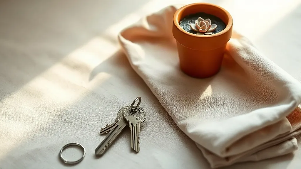A set of keys on a ring beside a small potted plant in a terracotta pot and a folded cloth on a linen surface.