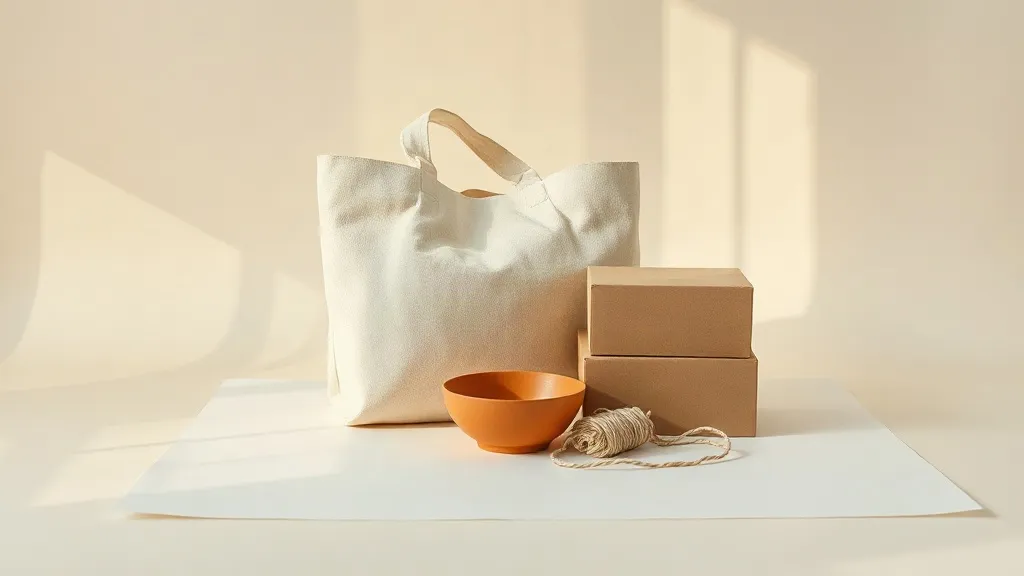A photograph of a fabric tote bag, a stack of plain cardboard boxes, coiled cotton string and a small burnt orange ceramic dish on a paper surface.