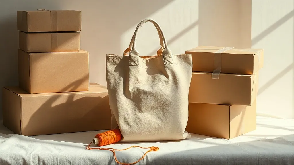 A plain fabric tote bag sits with a kraft paper parcel and a small spool of orange thread on a linen surface.