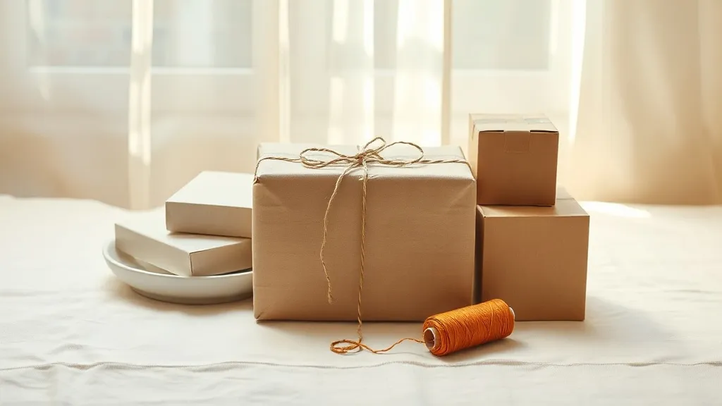 A kraft paper parcel tied with string beside a small stack of plain boxes, a ceramic dish and a spool of orange thread on a linen surface.