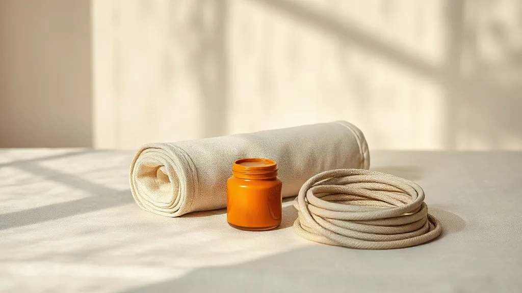 A rolled canvas tool roll and a coiled length of cable beside a small burnt orange ceramic jar on a linen surface.