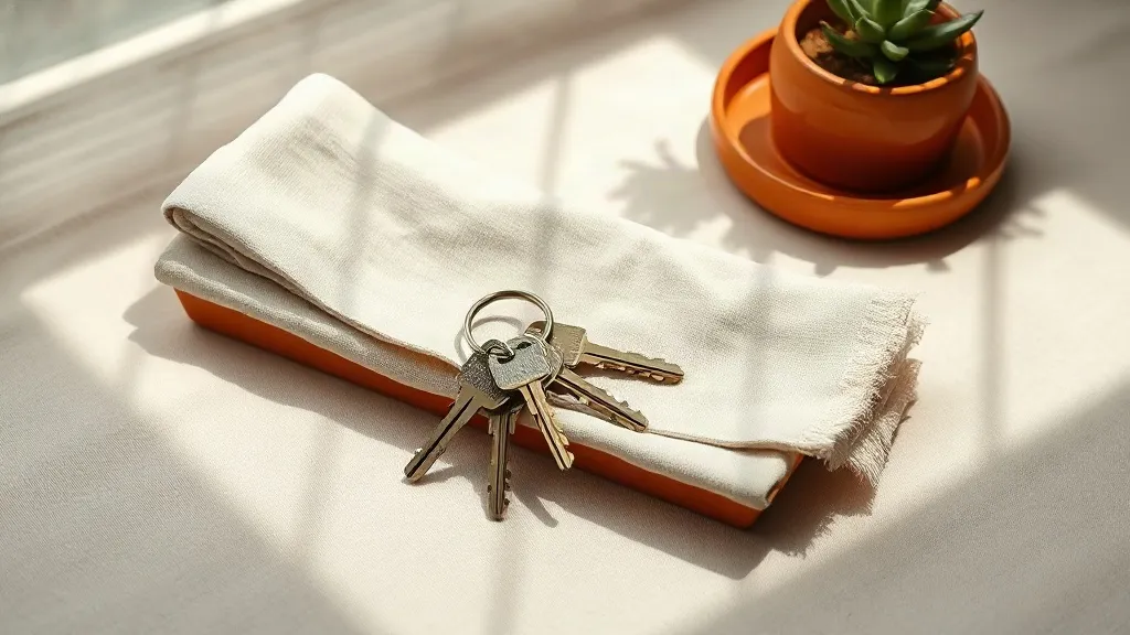 A set of keys on a brass ring, a folded linen cloth and a small potted plant beside a burnt orange ceramic tray on a linen surface.