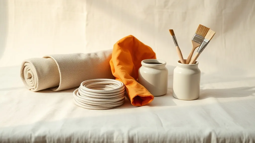 A rolled canvas tool roll, a coiled cable and a ceramic jar of paint brushes beside a folded orange drop cloth on a linen surface.