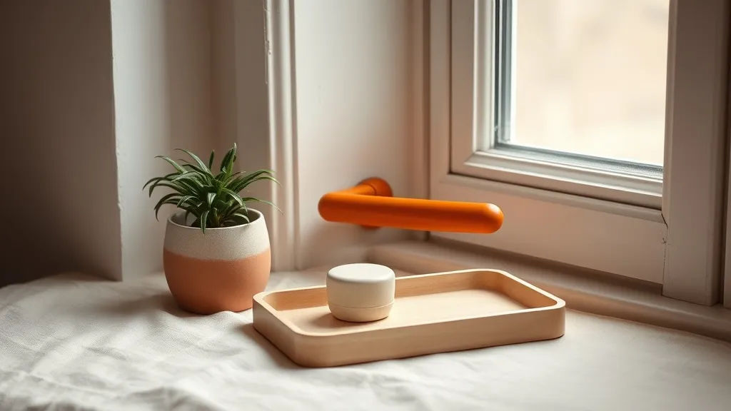 A burnt orange door handle beside a small potted plant on a window sill, with a ceramic tray nearby.