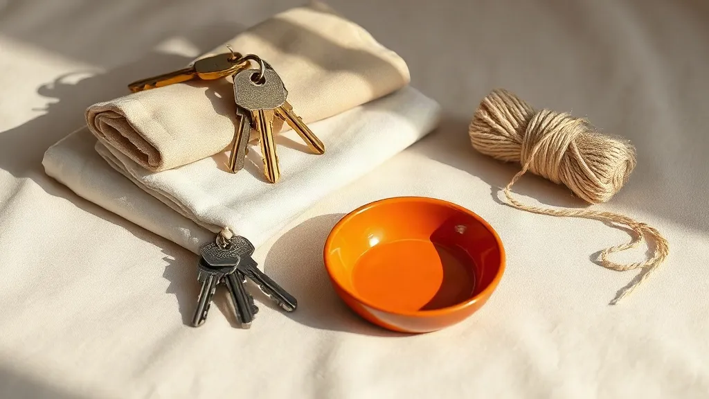 A set of keys on a brass ring, a folded linen cloth and a coiled bundle of twine beside a small burnt orange ceramic tray on a linen surface.