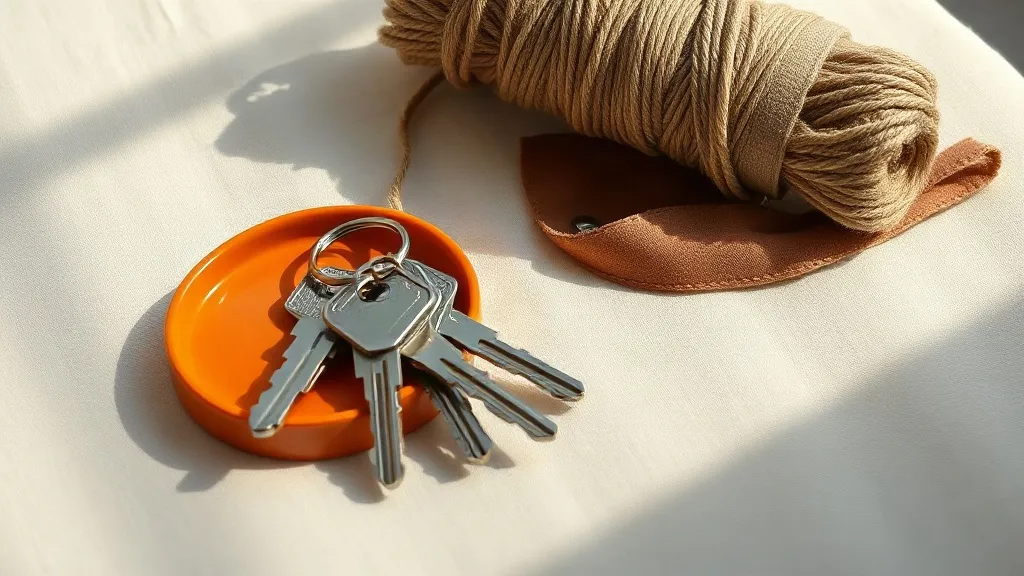 A set of keys on a metal ring and a brass door handle resting next to a coiled bundle of twine and a small burnt orange ceramic tray.